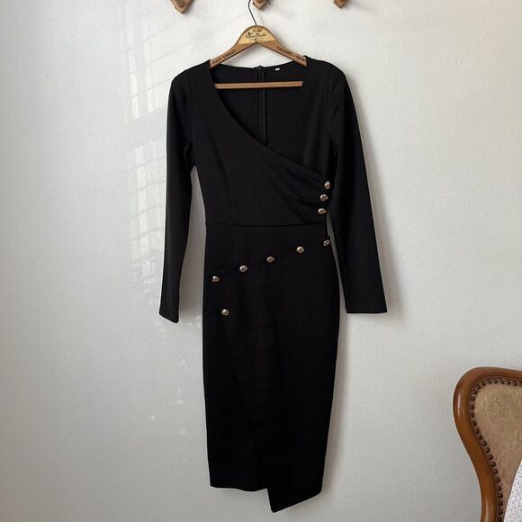 Black retro‎ dress gold button detail 80s vibe bodycon sz S stretch thick fabric - Picture 1 of 4